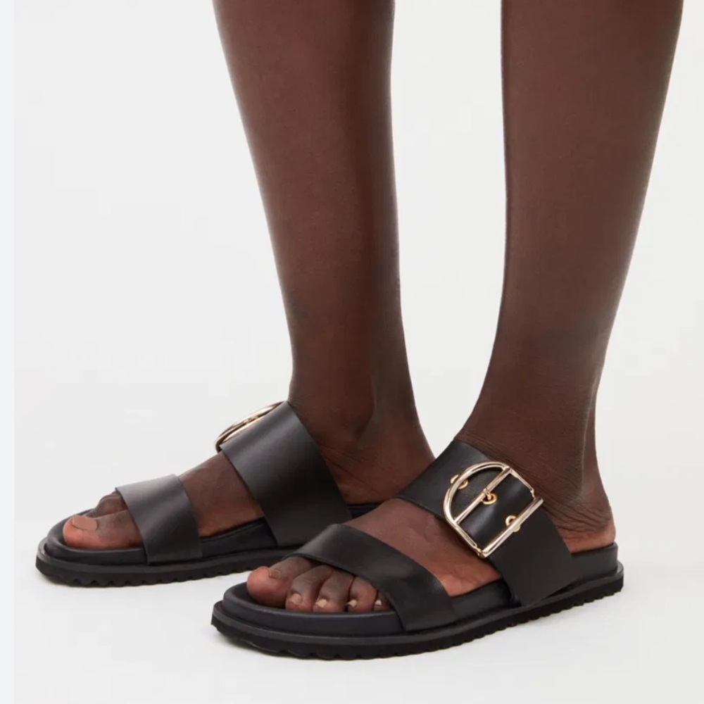 Claudie Pierlot Black Leather Slip On Sandal With Gold Buckle Size 8 New!